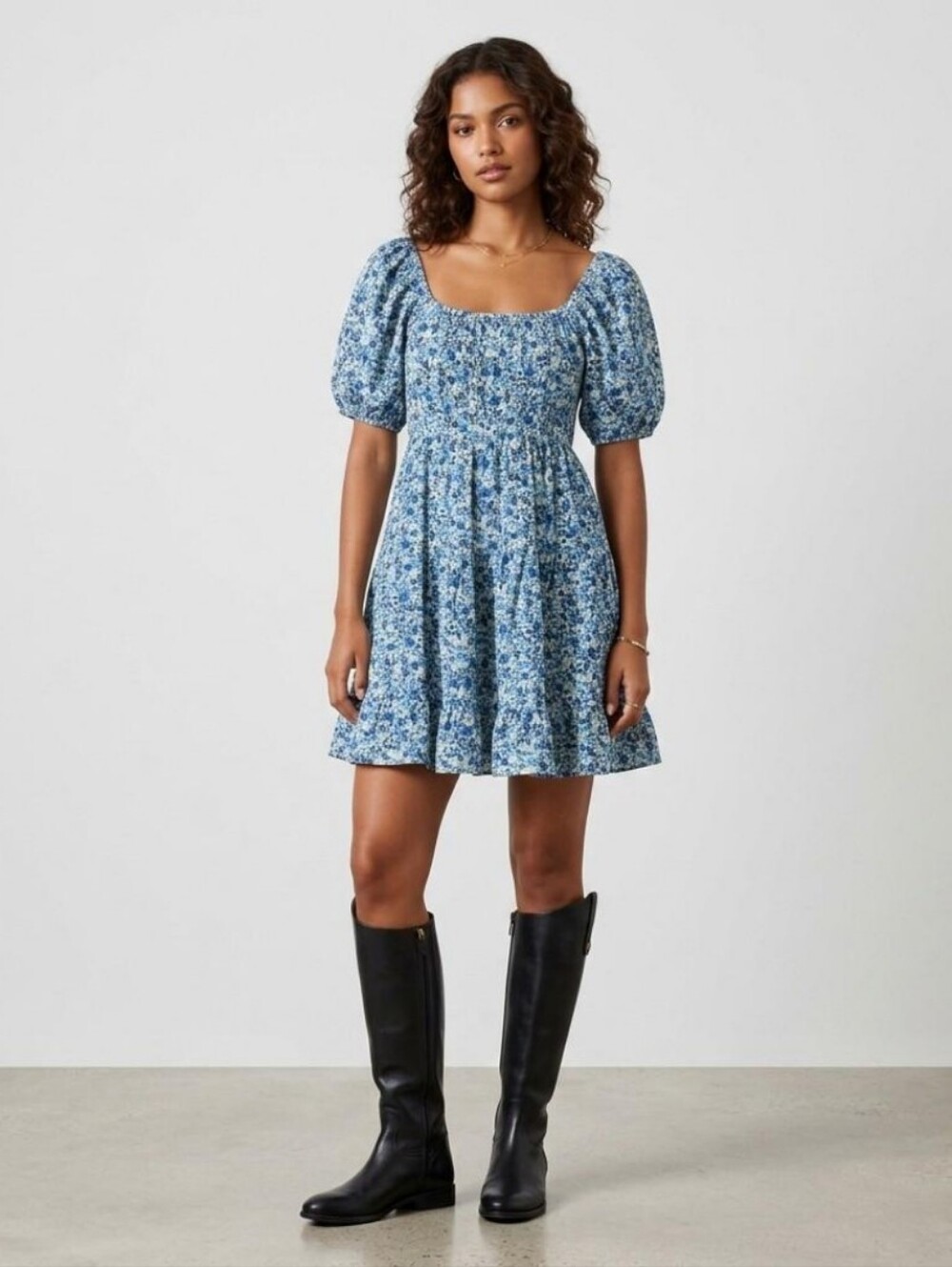 Y2K Wild Fable Blue Floral Puff Sleeve Babydoll Mini Dress Cottagecore Boho M